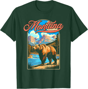 Grizzly Bear & Montana Mountains Vintage 70s Vibe Graphic T-Shirt - T-Shirt | Forest