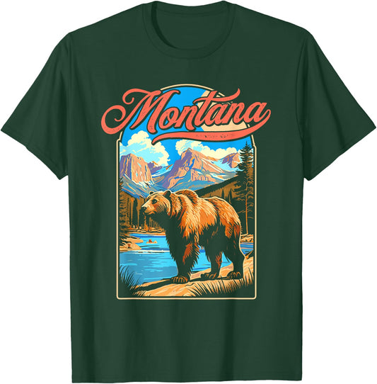 Grizzly Bear & Montana Mountains Vintage 70s Vibe Graphic T-Shirt - T-Shirt | Forest