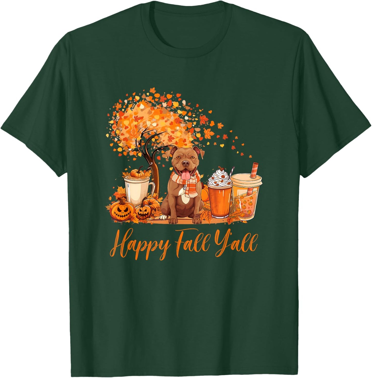 Happy Fall Y'all Pitbull Autumn Pumpkin Spice Latte T-Shirt - T-Shirt | Forest