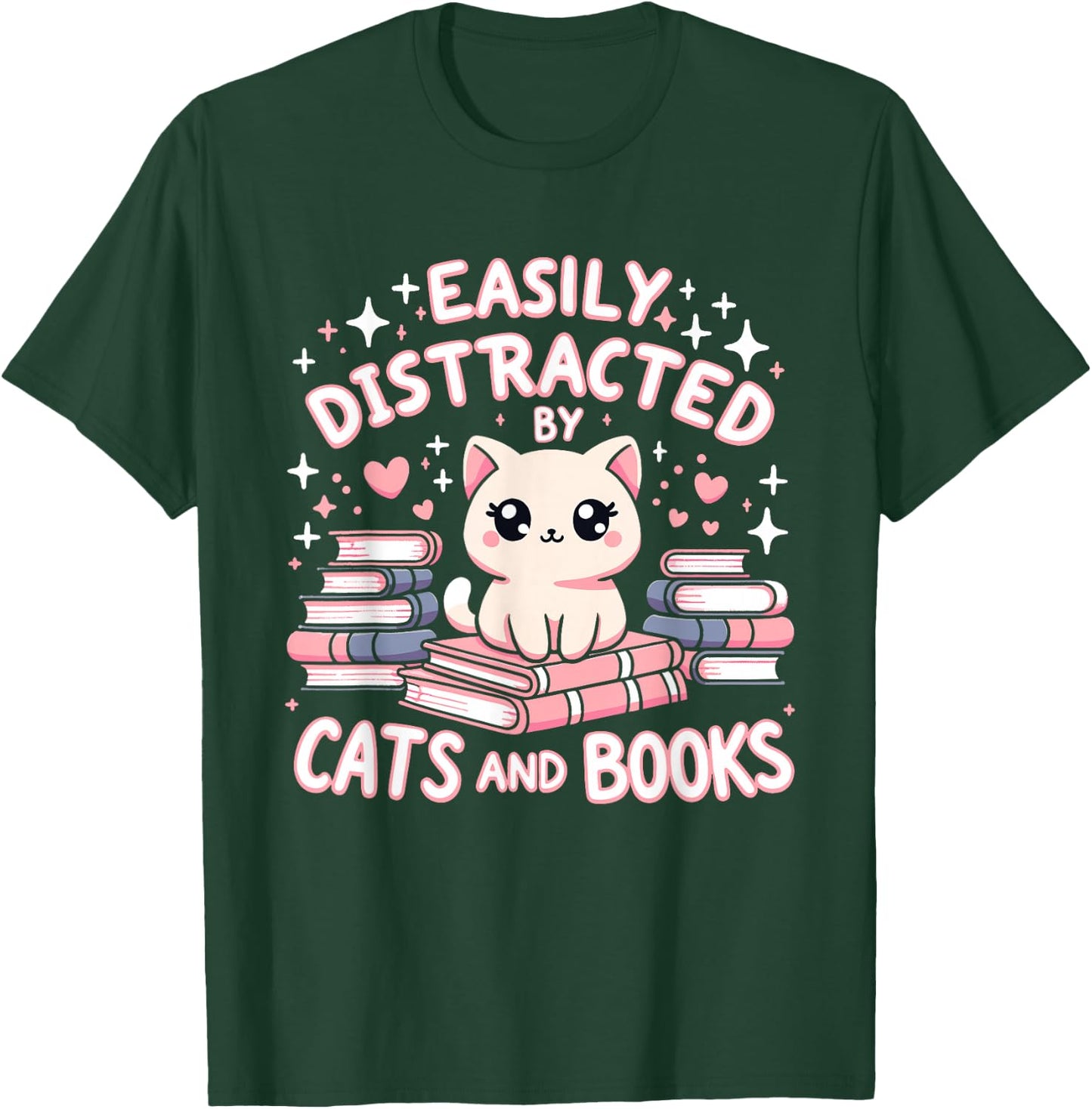 Easily Distracted by Cats and Books Cat Design Girls T-Shirt - T-Shirt | Forest