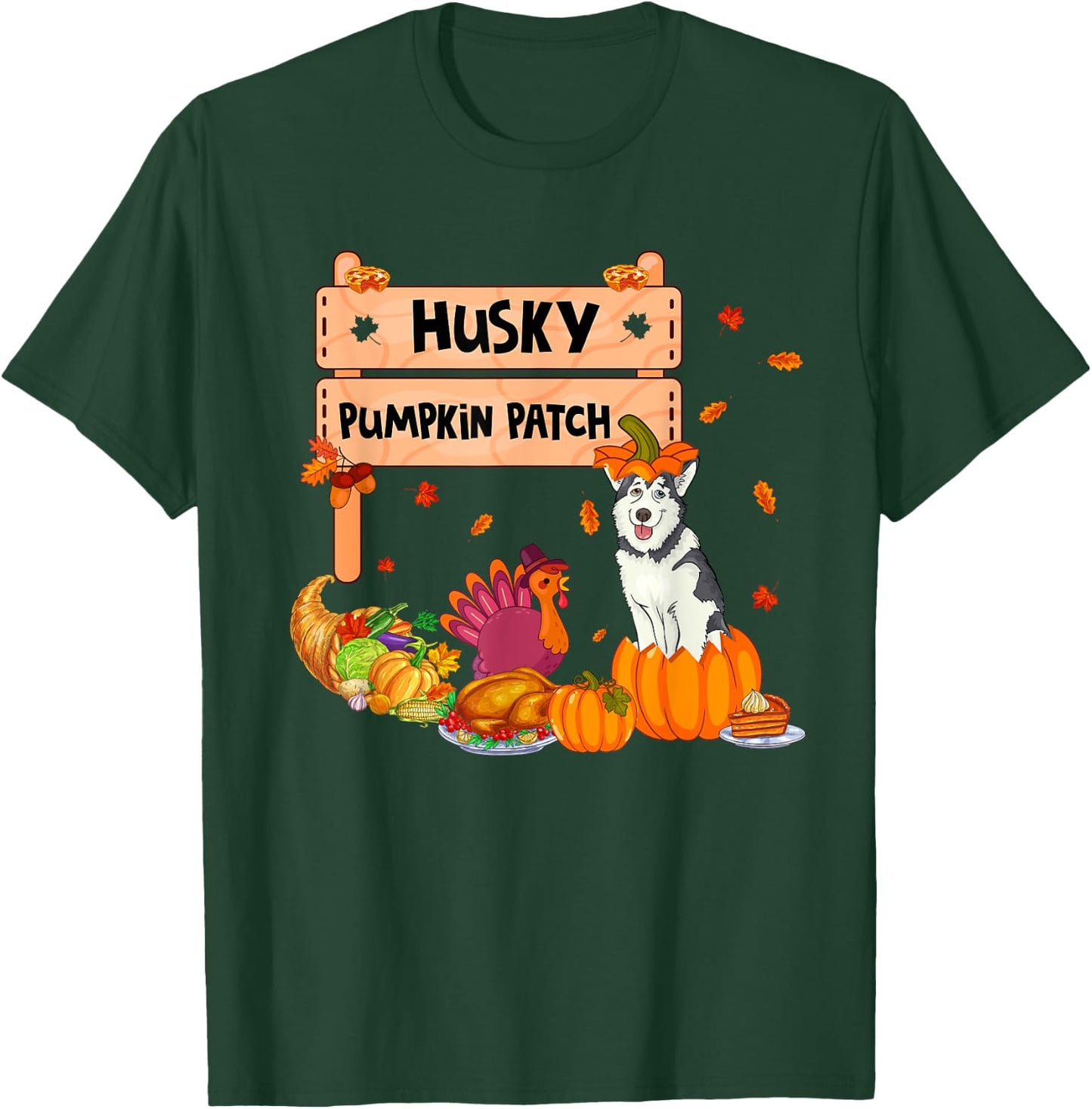 Husky Pumpkin Patch Thanksgiving Dog In Pumpkin Case Turkey Women Kids T-Shirt - T-Shirt | Forest