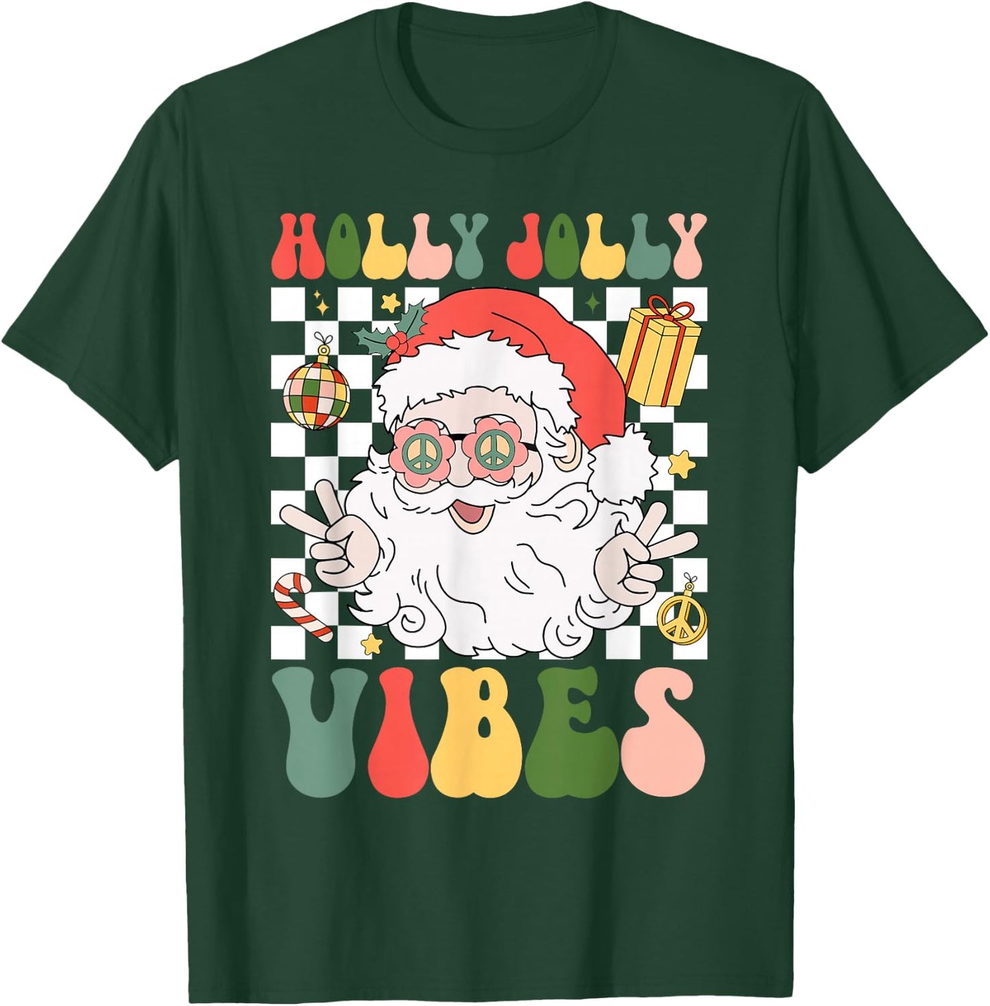 Retro Groovy Holly And Jolly Vibes Peace Santa Xmas Lights T-Shirt - T-Shirt | Forest