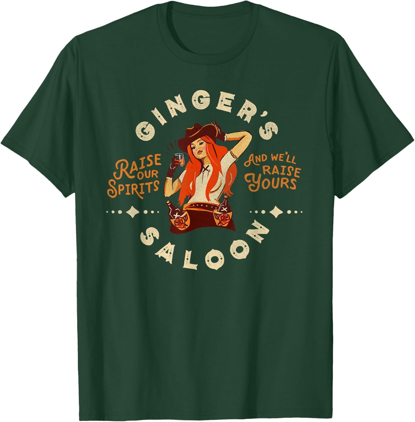 Retro Dive Bar Whiskey Ginger Redhead Cowgirl Bartender Gift T-Shirt - T-Shirt | Forest