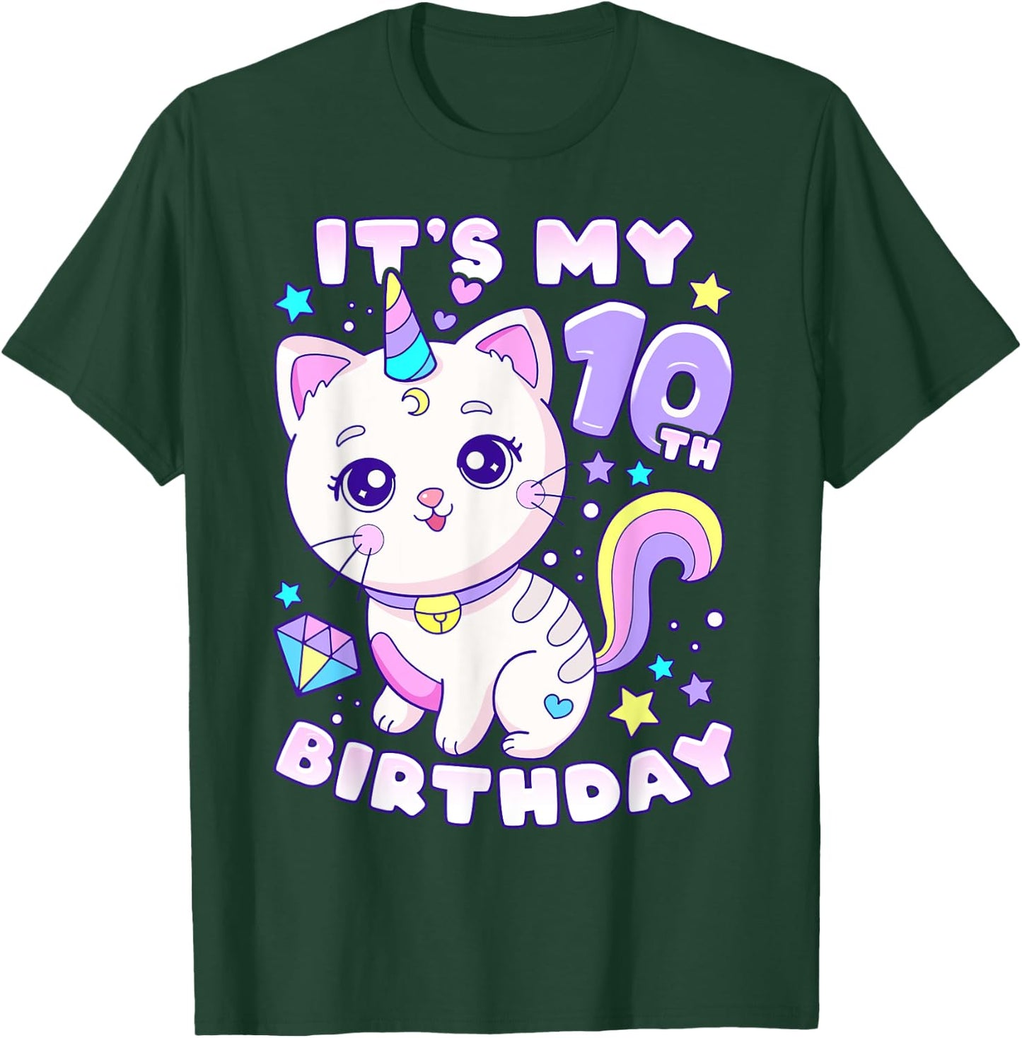 Birthday girl 10 years old, cat, unicorn, 10th birthday T-Shirt - T-Shirt | Forest