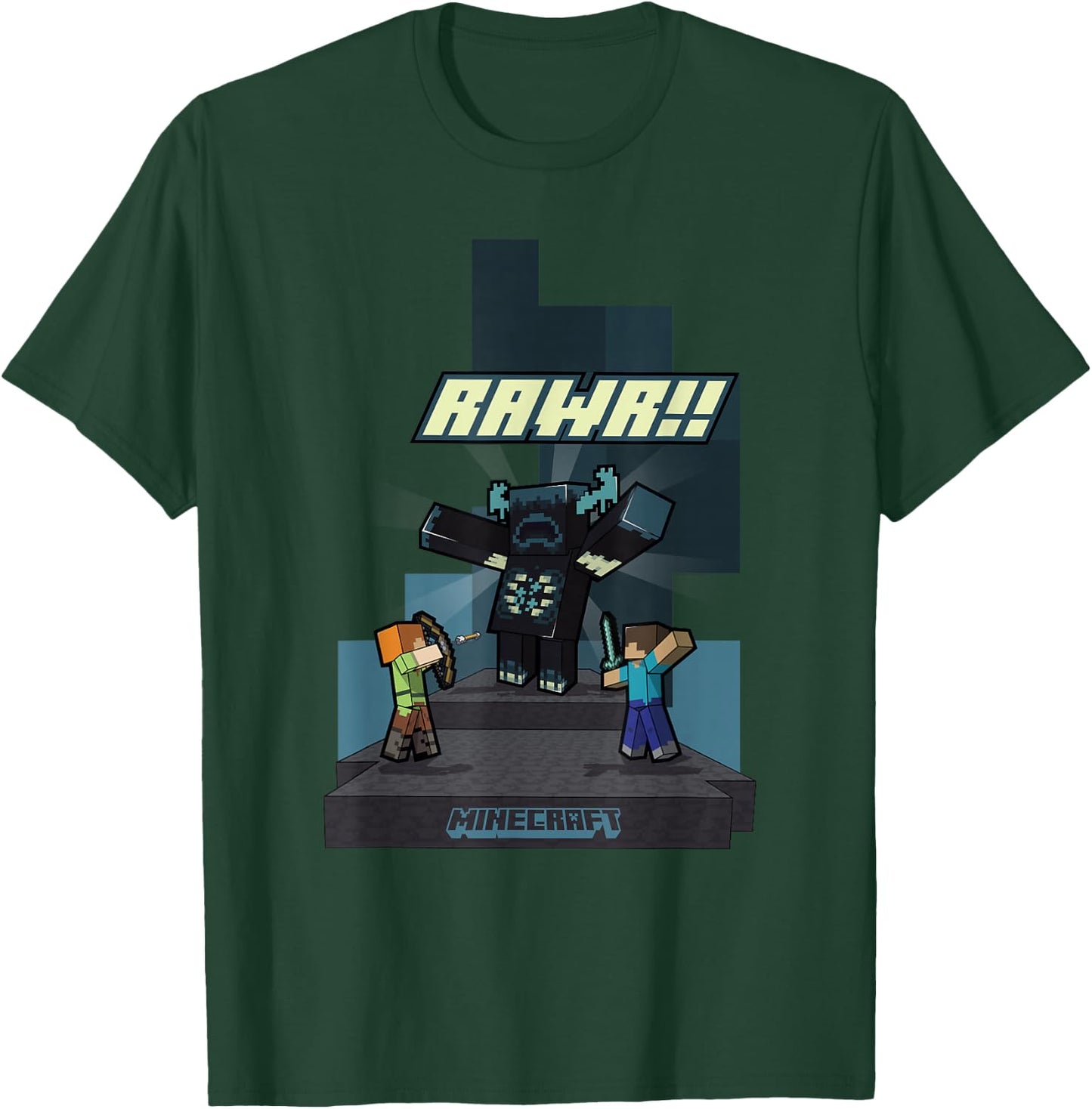 Minecraft Rawr!! Alex And Steve Fighting Off Warden T-Shirt - T-Shirt | Forest
