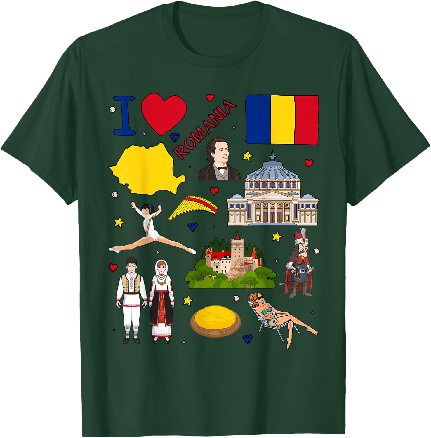 I love Romania. Hand drawn Romanian Landmarks, flag and map T-Shirt - T-Shirt | Forest