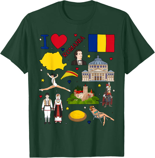 I love Romania. Hand drawn Romanian Landmarks, flag and map T-Shirt - T-Shirt | Forest