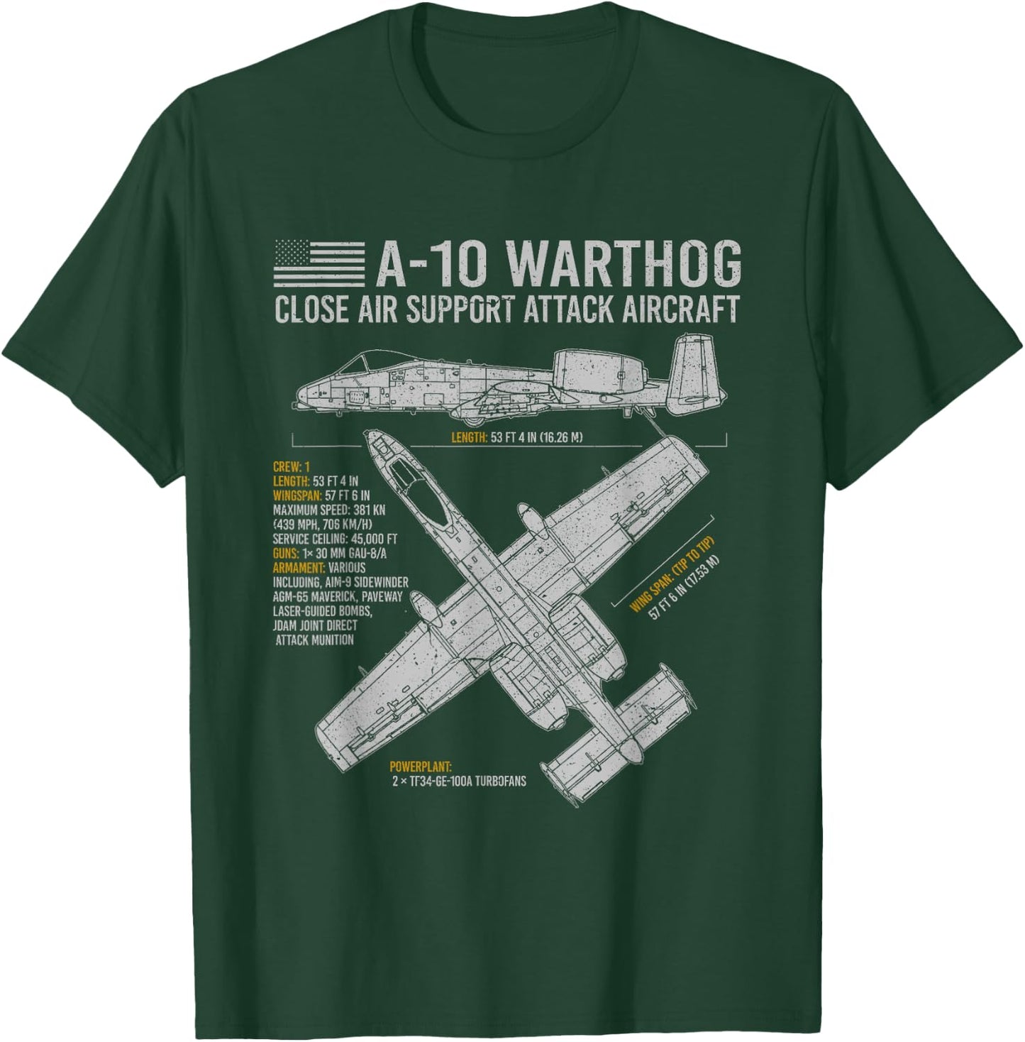 Aviation Geeks Store A-10 Warthog Thunderbolt II Aircraft Airplane Blueprint Fact T-Shirt - T-Shirt | Forest