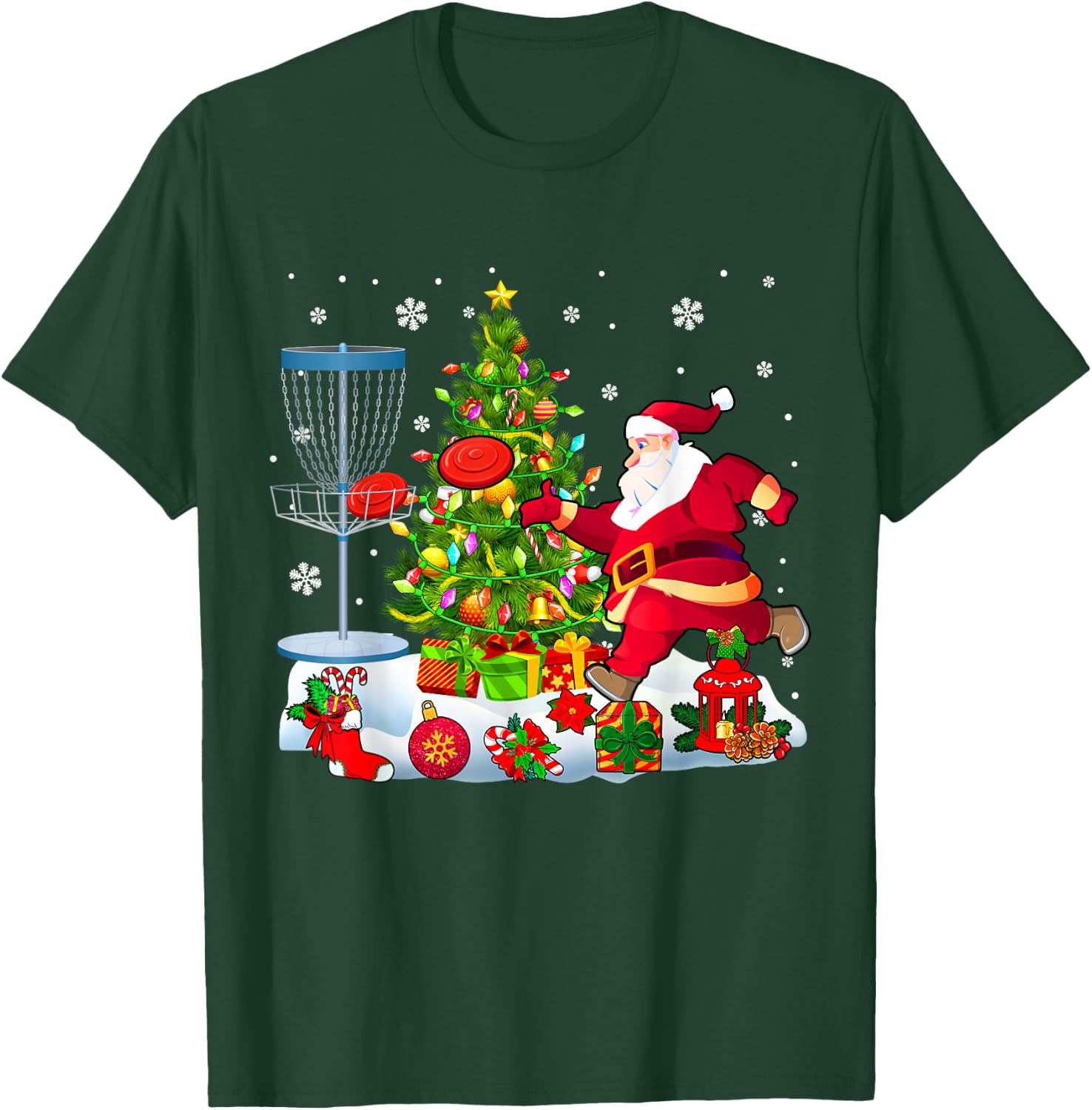 Xmas Tree Light Presents Santa Playing Disc Golf Player T-Shirt - T-Shirt | Forest