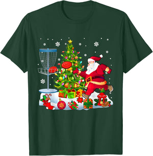 Xmas Tree Light Presents Santa Playing Disc Golf Player T-Shirt - T-Shirt | Forest