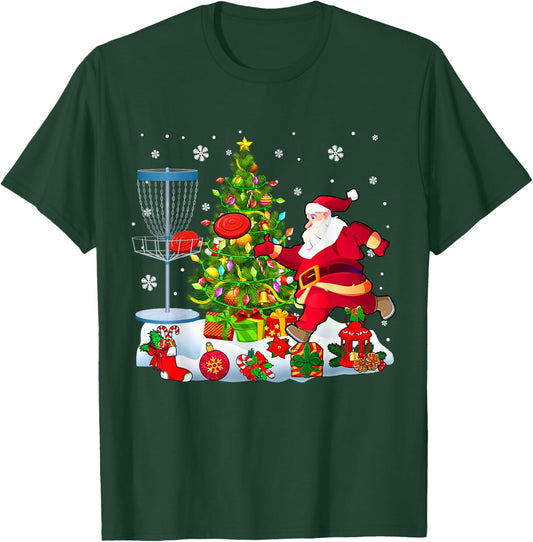 Xmas Tree Light Presents Santa Playing Disc Golf Player T-Shirt - T-Shirt | Forest