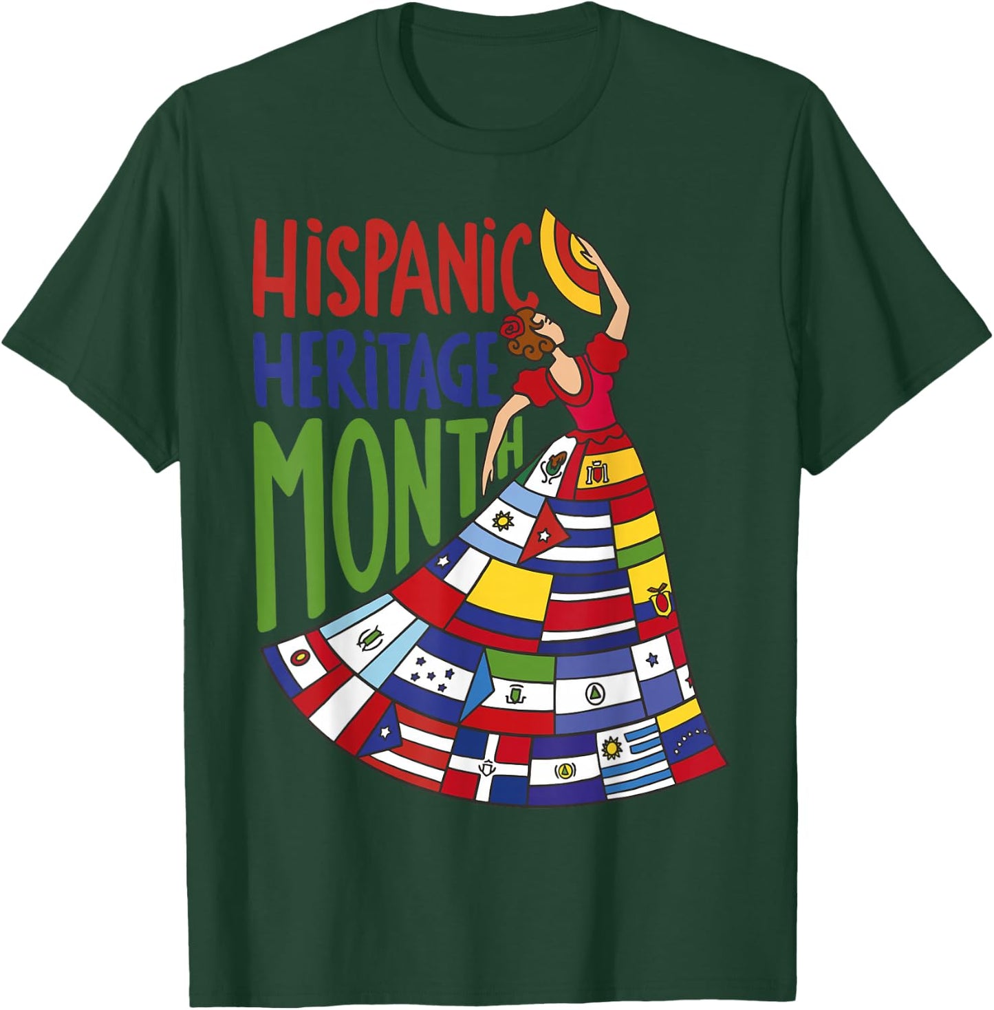 Hispanic Heritage Month 2024 Woman Latin Country Flags Dress T-Shirt - T-Shirt | Forest