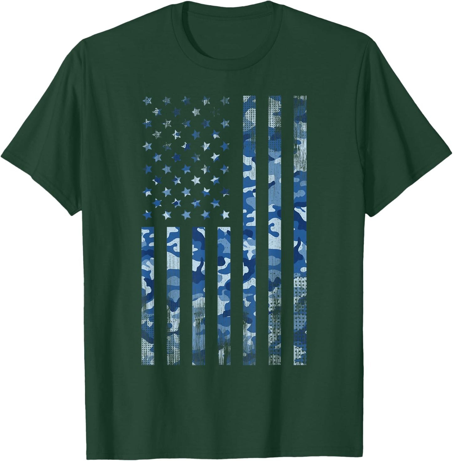 Blue Camo American Flag USA Tactical Ocean Camouflage T-Shirt - T-Shirt | Forest
