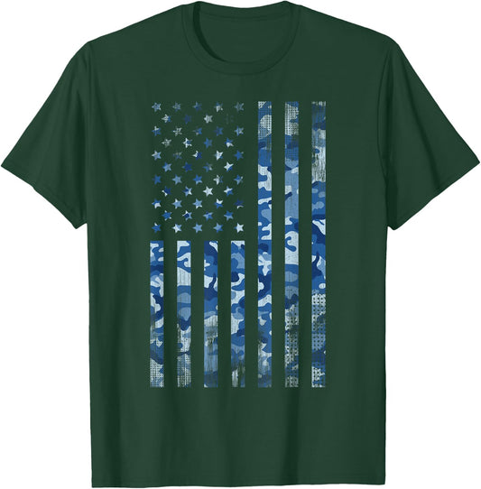 Blue Camo American Flag USA Tactical Ocean Camouflage T-Shirt - T-Shirt | Forest