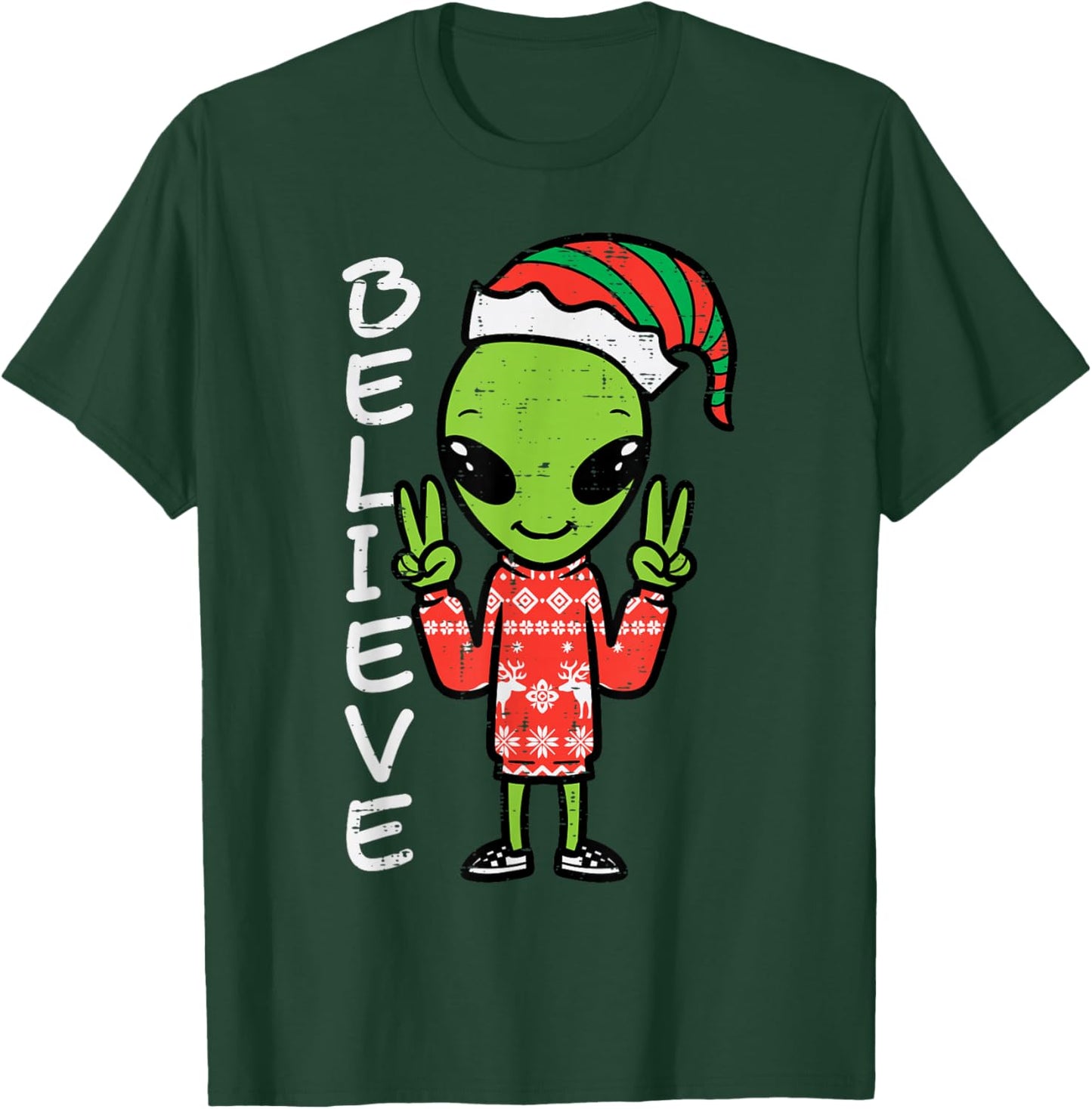 Christmas Alien Elf Believe Funny Xmas Space Men Women Kids T-Shirt - T-Shirt | Forest