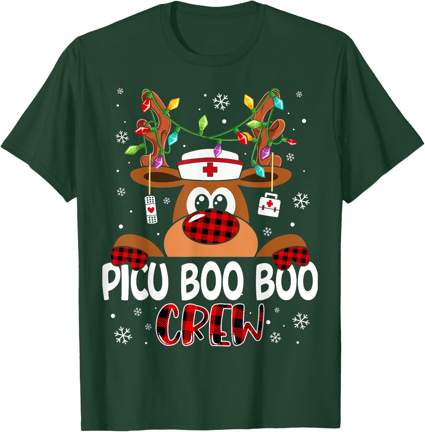 Reindeer PICU Nurse Boo Crew Christmas Buffalo Plaid Nurse T-Shirt - T-Shirt | Forest
