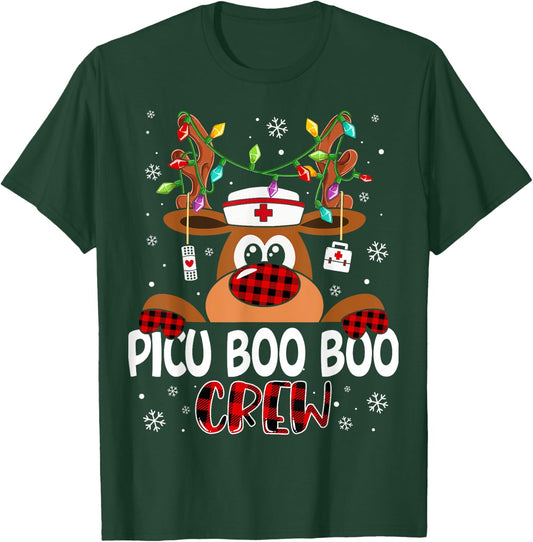 Reindeer PICU Nurse Boo Crew Christmas Buffalo Plaid Nurse T-Shirt - T-Shirt | Forest