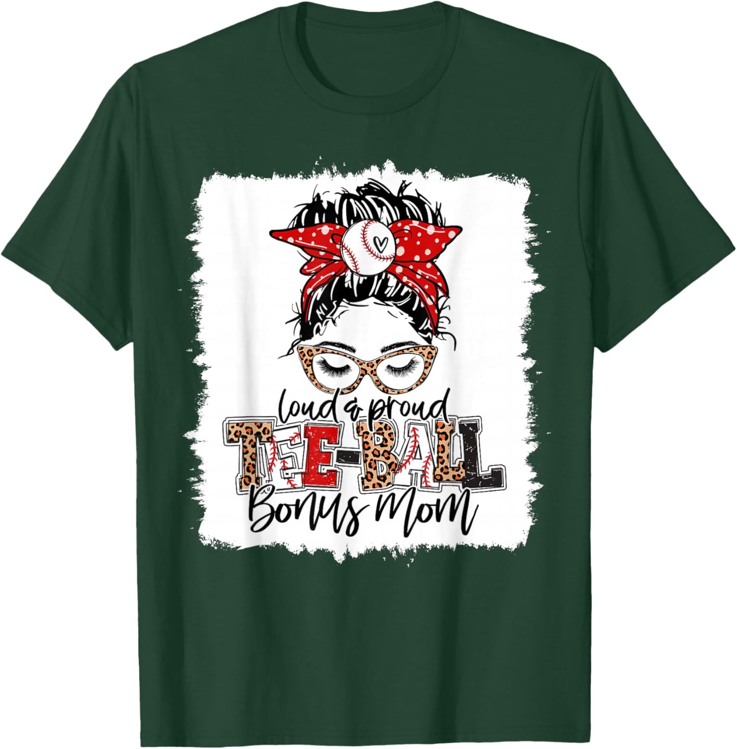 T-Ball Bonus Mom Ball Leopard Print Squad Messy Bun Hair T-Shirt - T-Shirt | Forest