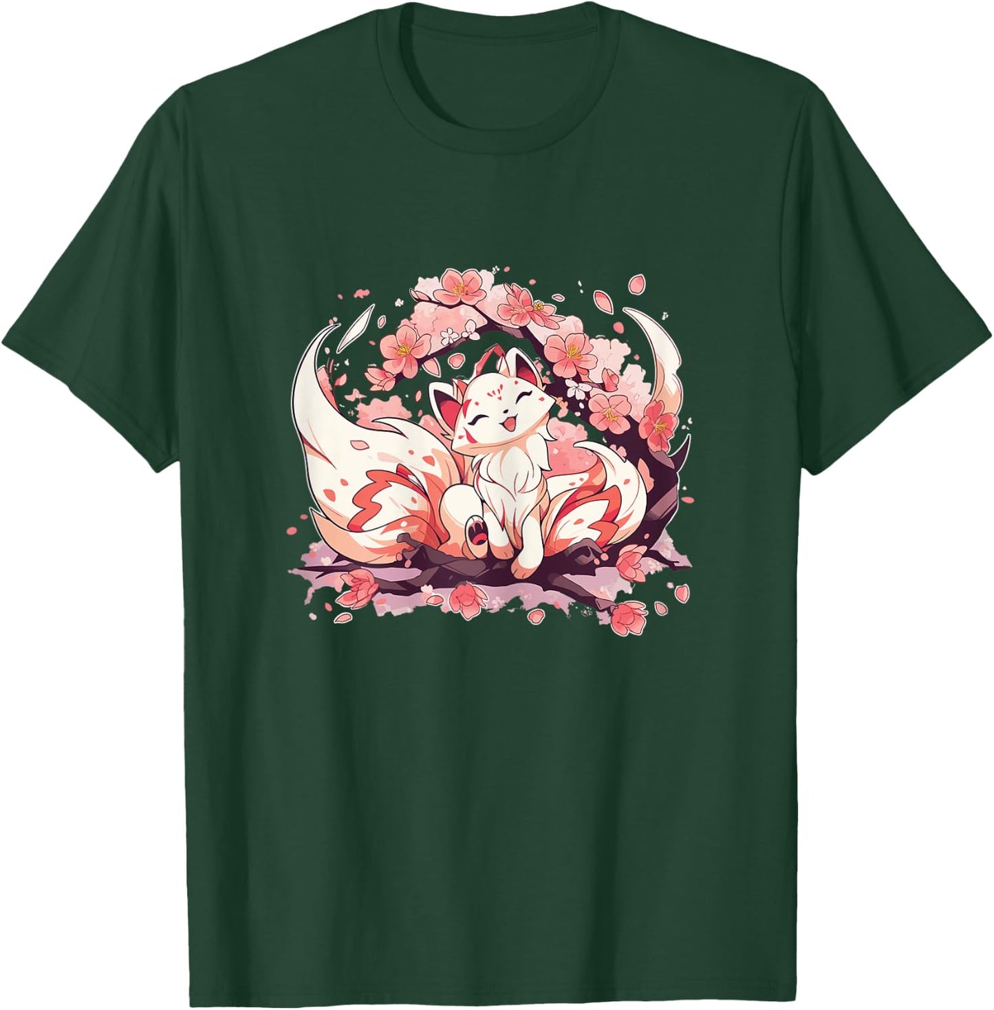 Kitsune Fox Japanese Nine Tailed Fox Cherry Blossom Flowers T-Shirt - T-Shirt | Forest