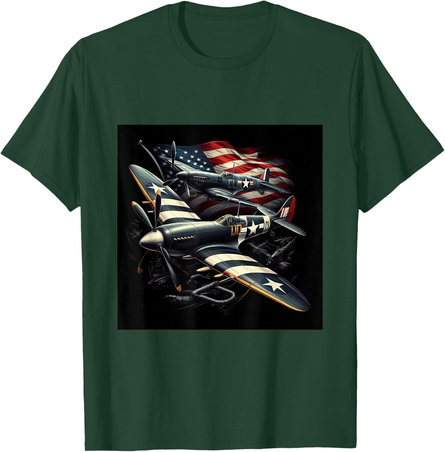 Spitfire F4U Corsair WW2 Airplanes US Flag T-Shirt - T-Shirt | Forest