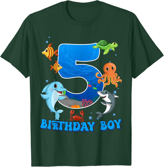 5th Birthday Party Ocean 5 Year Old Sea Fish Birthday Boy T-Shirt - T-Shirt | Forest