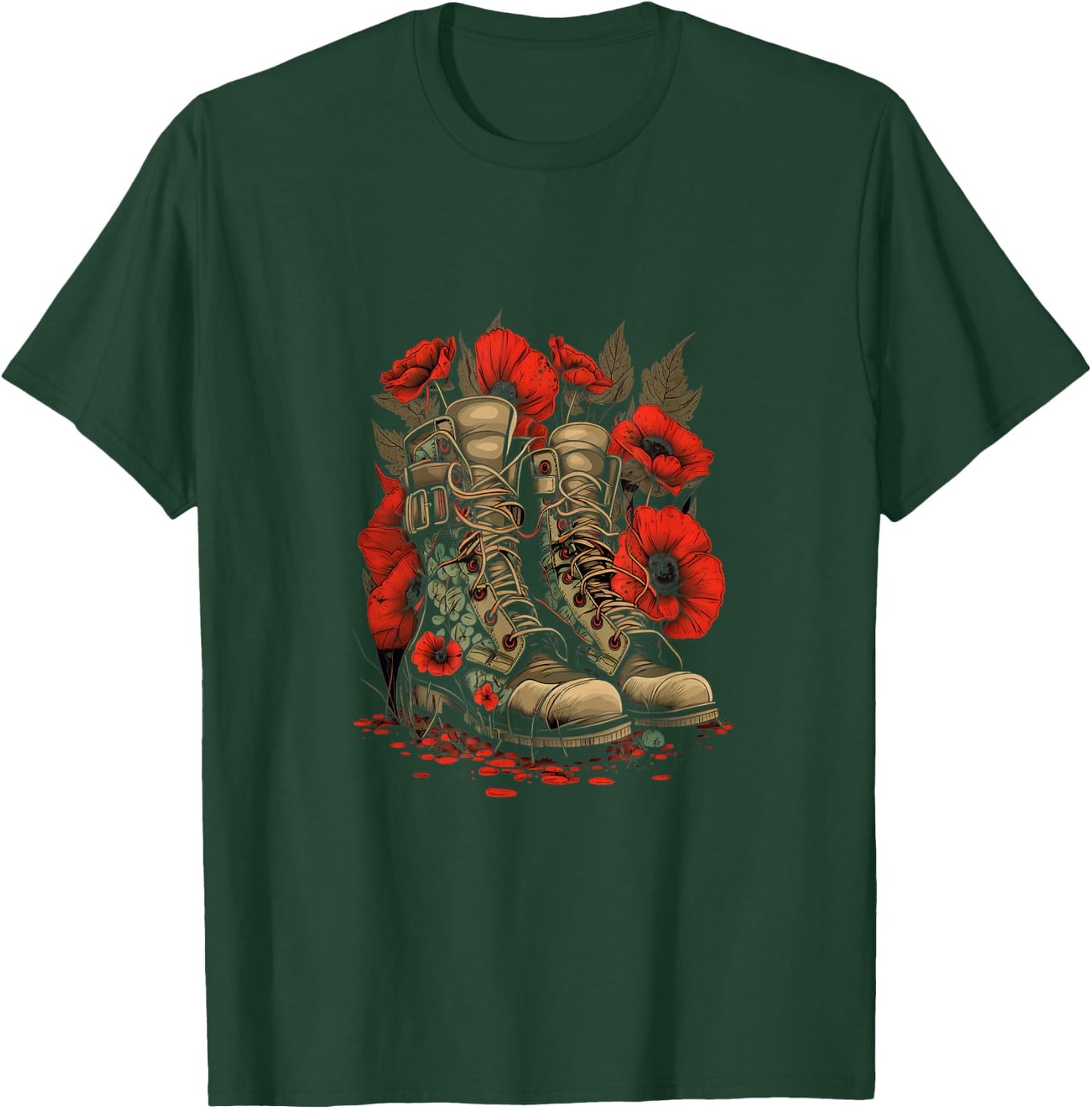 Memorial Day Red Poppy Flower Military Boots 4th of July Women Men T-Shirt - T-Shirt | Forest