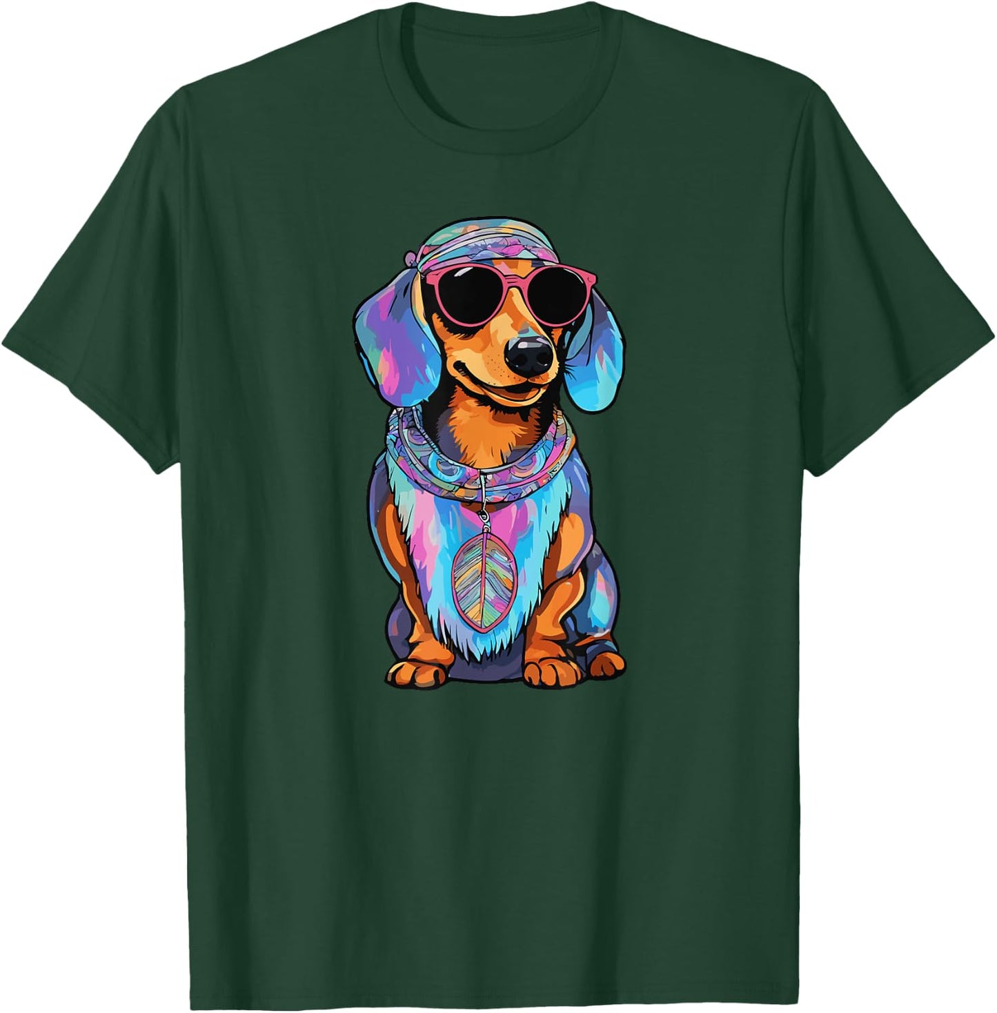 Colorful Tie Dye Hippie Dachshund Dog Wearing Sunglasses Men Women Girls Kids T-Shirt - T-Shirt | Forest
