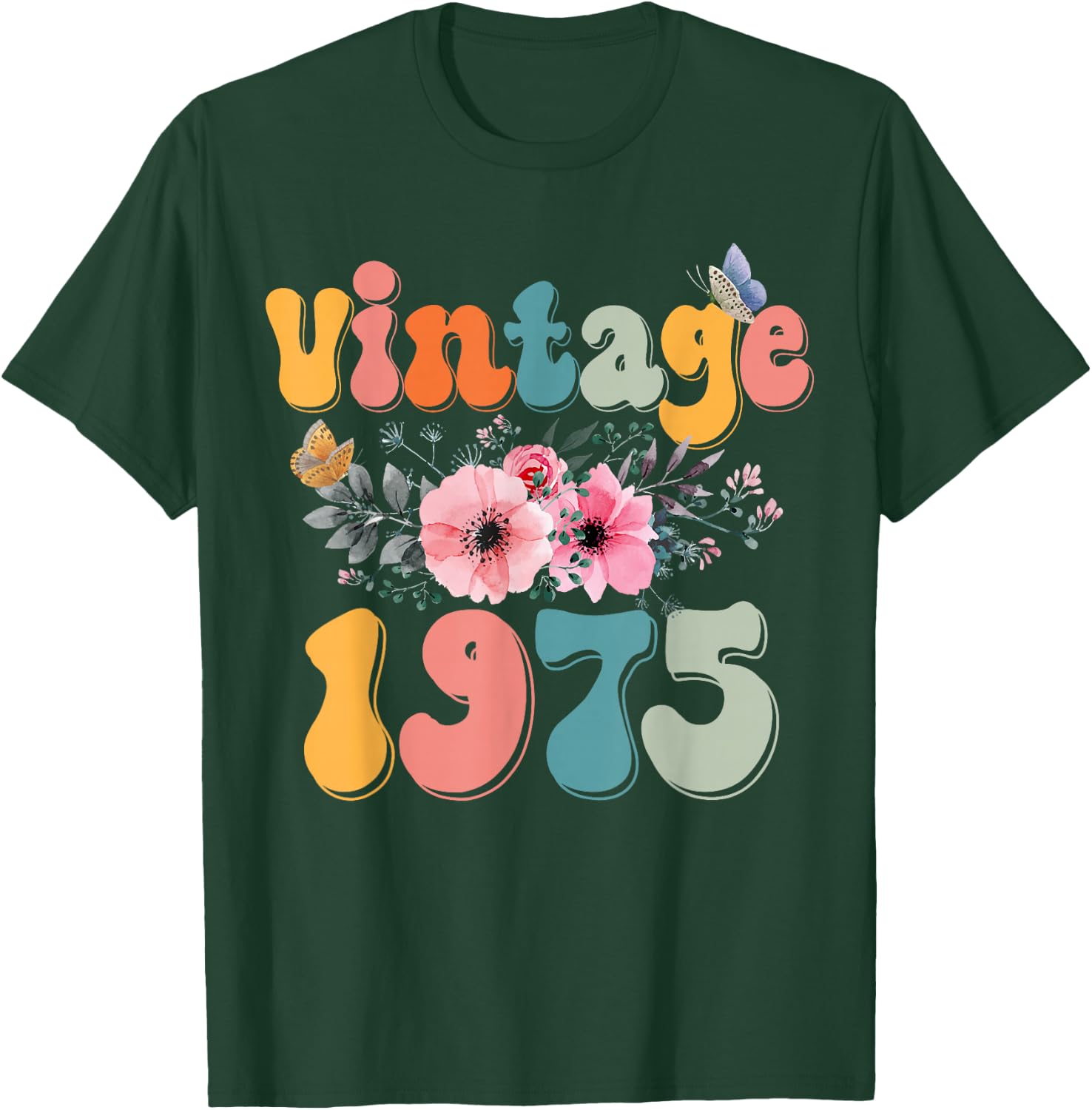 Retro Groovy Vintage 1975 Floral Butterfly 50th Birthday T-Shirt - T-Shirt | Forest