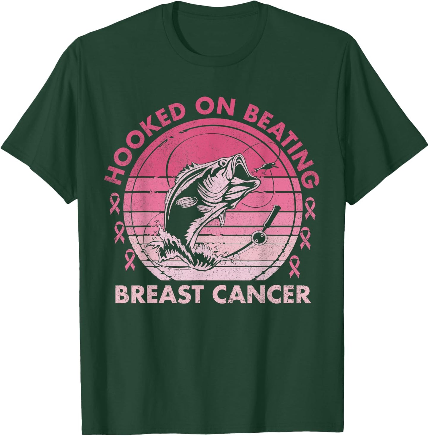 Hooked on Beating Breast Cancer Awareness Fishing Vintage T-Shirt - T-Shirt | Forest