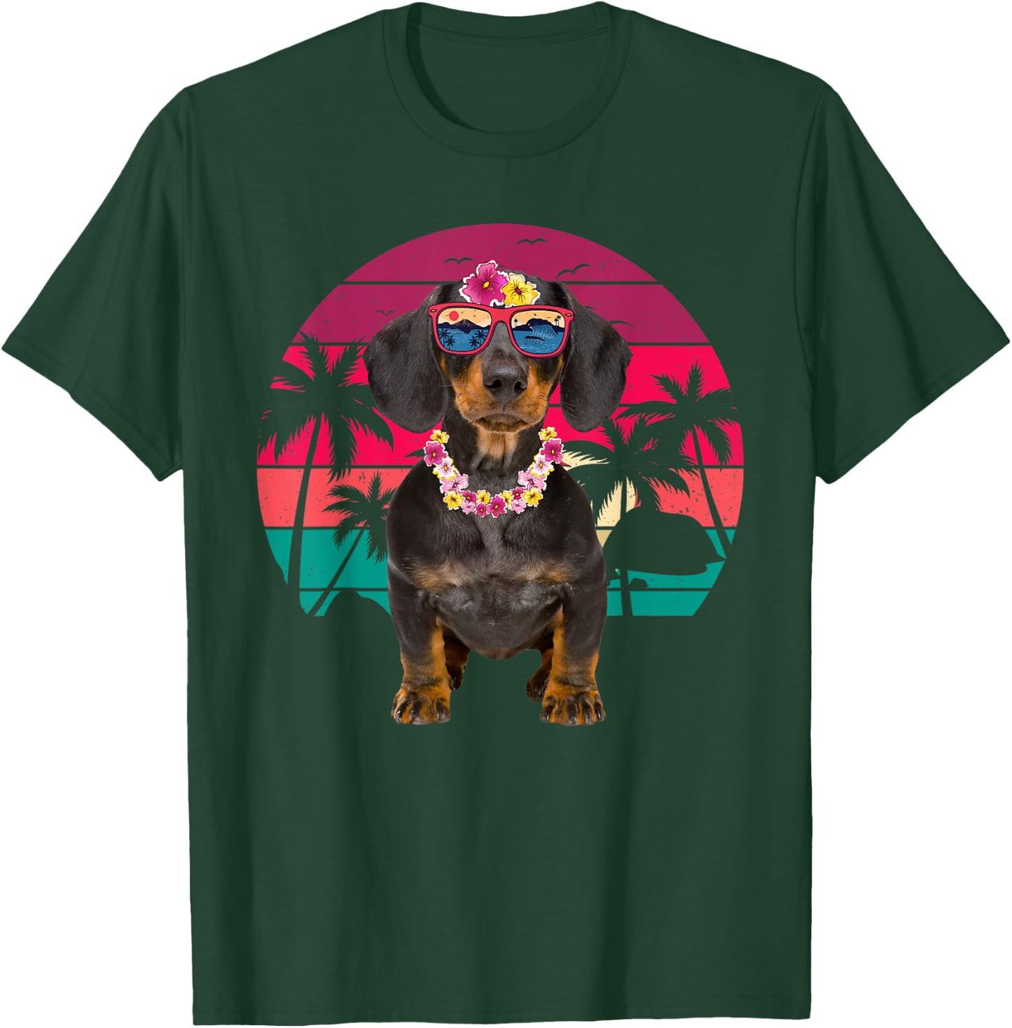 Retro Hawaiian Dachshund Dog Tropical Floral Summer Vibes T-Shirt - T-Shirt | Forest