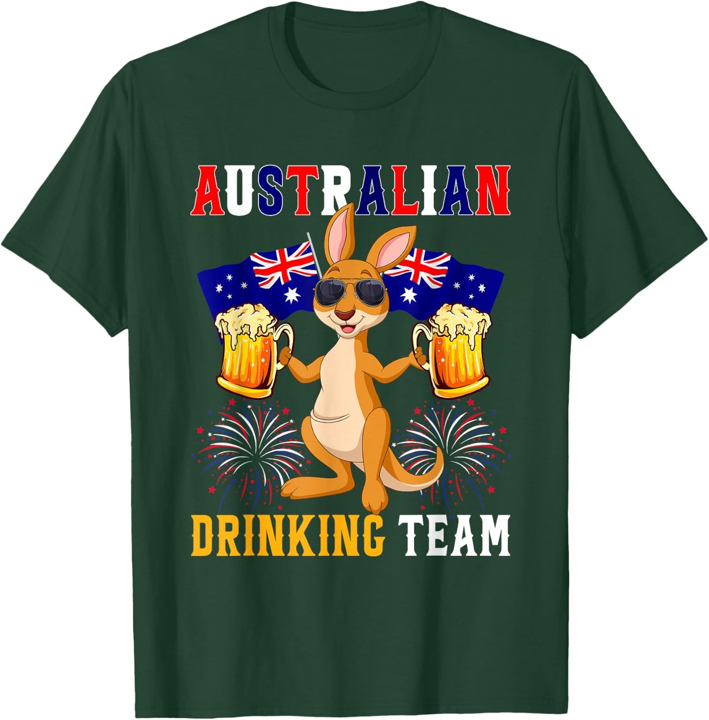 Australian Drinking Team Kangaroo Sunglasses Holding Beers T-Shirt - T-Shirt | Forest