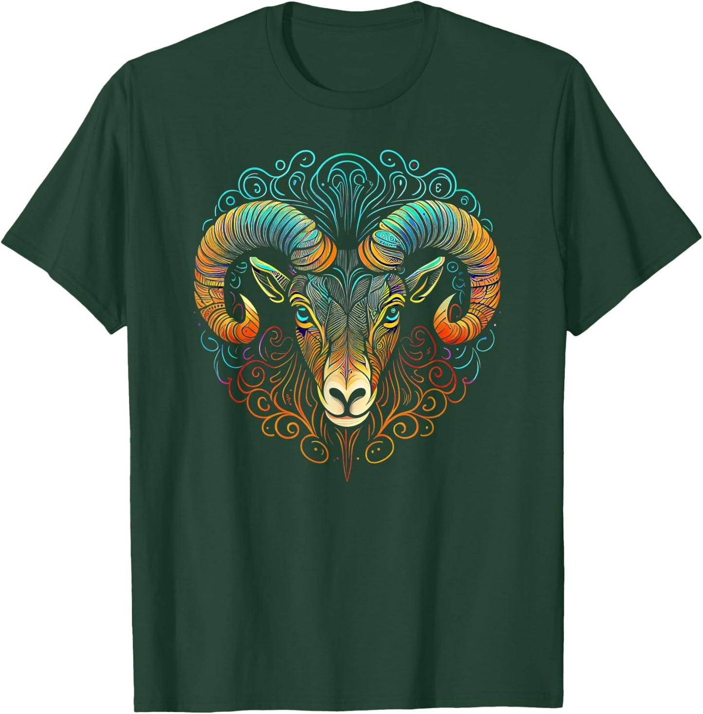 Ram Face and Head Colorful Mandala Pattern - Ram T-Shirt - T-Shirt | Forest