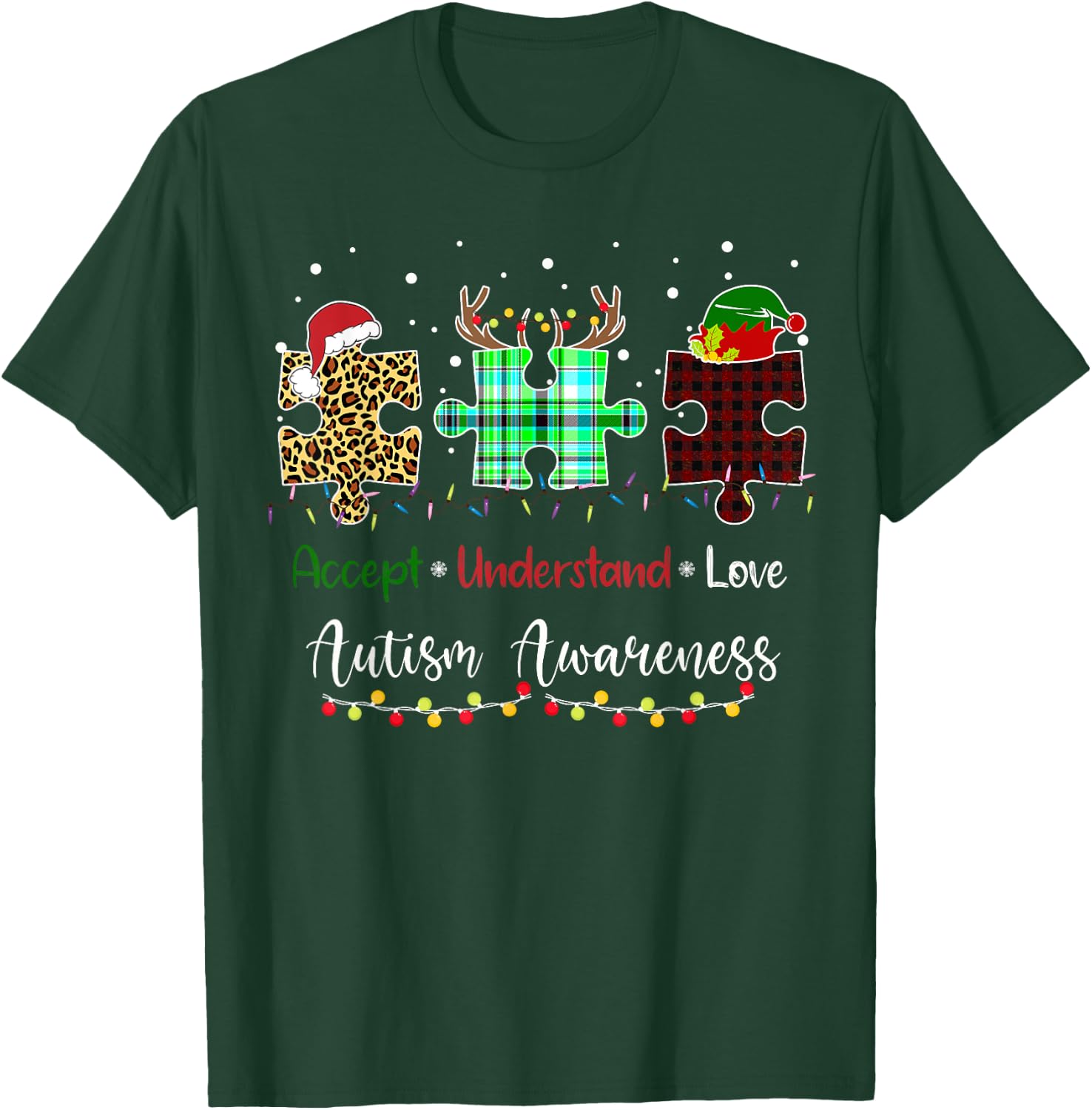 Accept Understand Love Autism Awareness Puzzle Christmas T-Shirt - T-Shirt | Forest