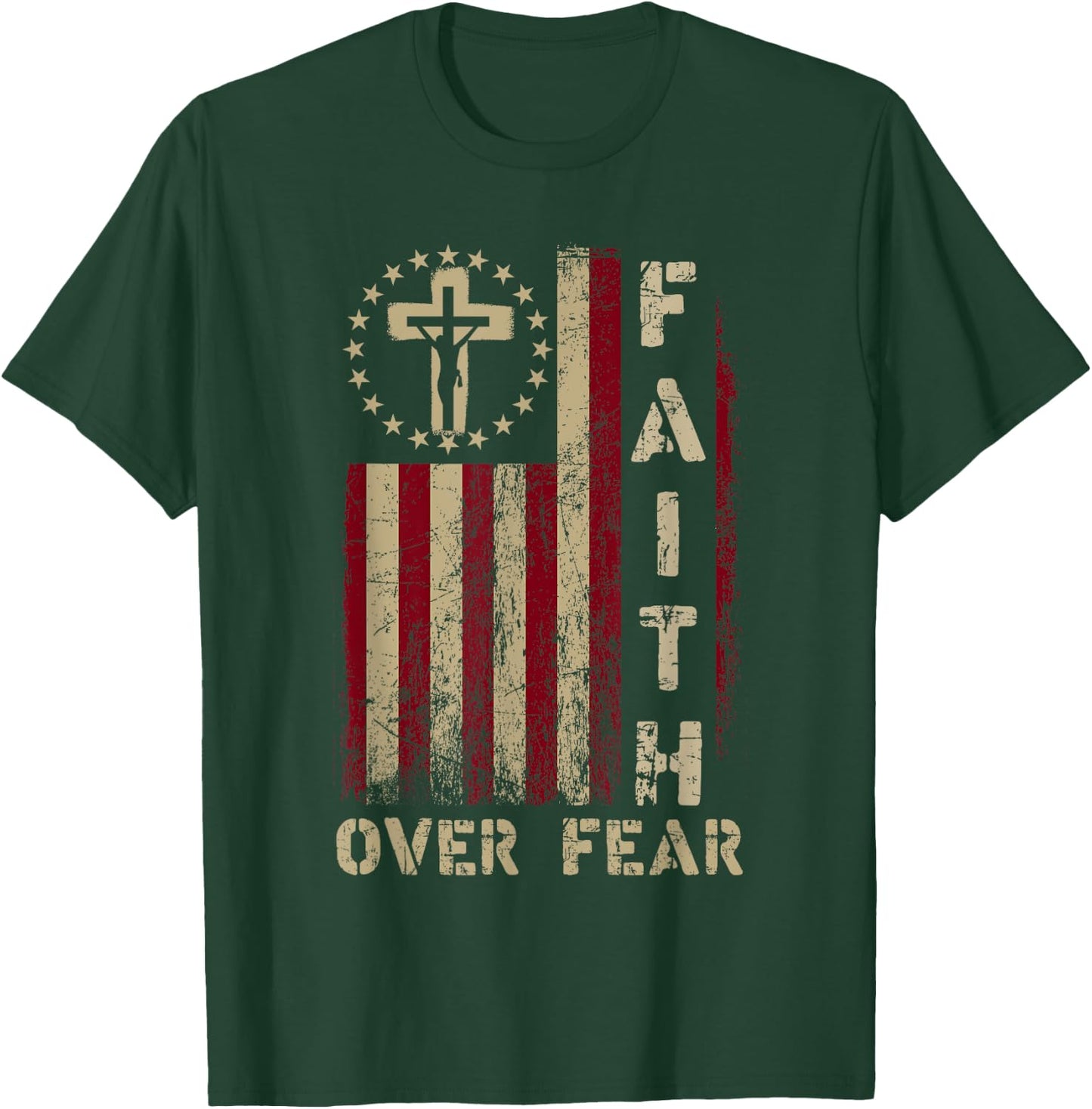 Faith Over Fears Cool Christian Cross USA Flag Women T-Shirt - T-Shirt | Forest