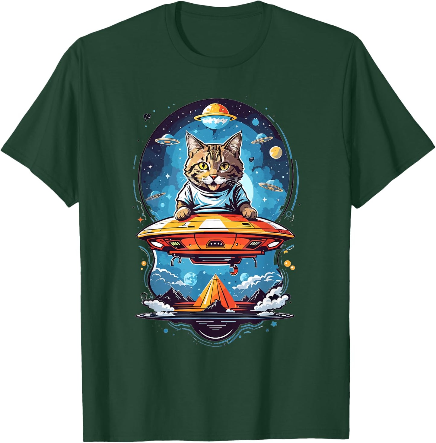 Aliens and UFO Cats Cute Cat Abducted By UFO Graphic - Black - -Adults/Kids - Short Sleeve - Small - Classic Fit - Cotton 50% Polyester 50% T-Shirt - T-Shirt | Forest