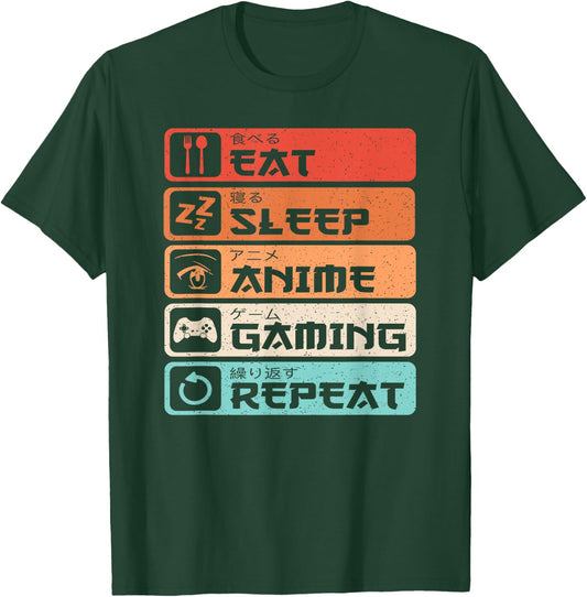 Eat Sleep Anime Gaming Repeat Otaku Manga Men Boys Retro T-Shirt - T-Shirt | Forest