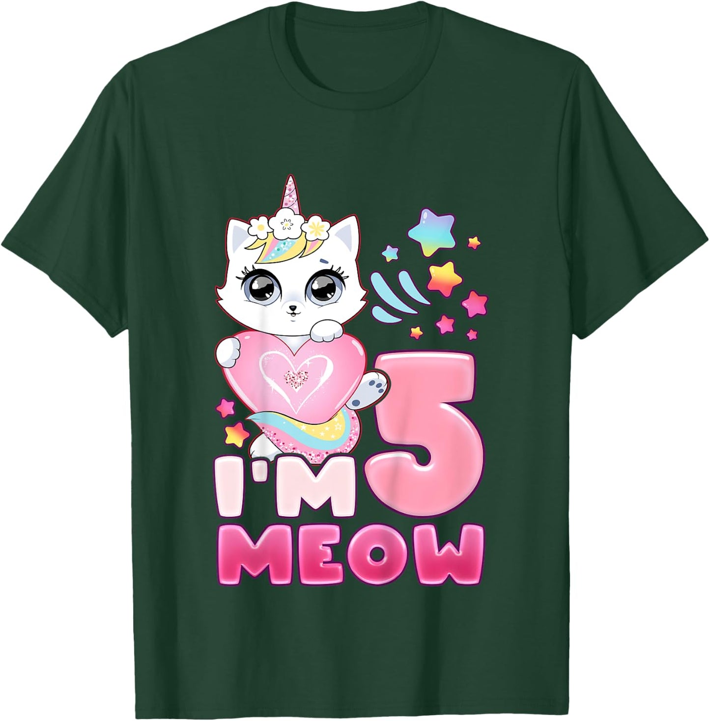 Birthday girl 5 years old, cat, unicorn, 5th birthday T-Shirt - T-Shirt | Forest