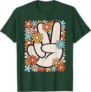Hippie Peace Hand Sign Groovy Flower 60s 70s Men Women Kids T-Shirt - T-Shirt | Forest