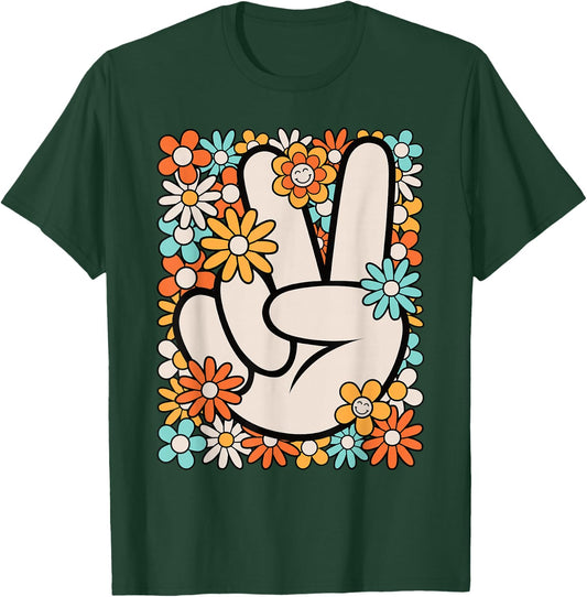 Hippie Peace Hand Sign Groovy Flower 60s 70s Men Women Kids T-Shirt - T-Shirt | Forest
