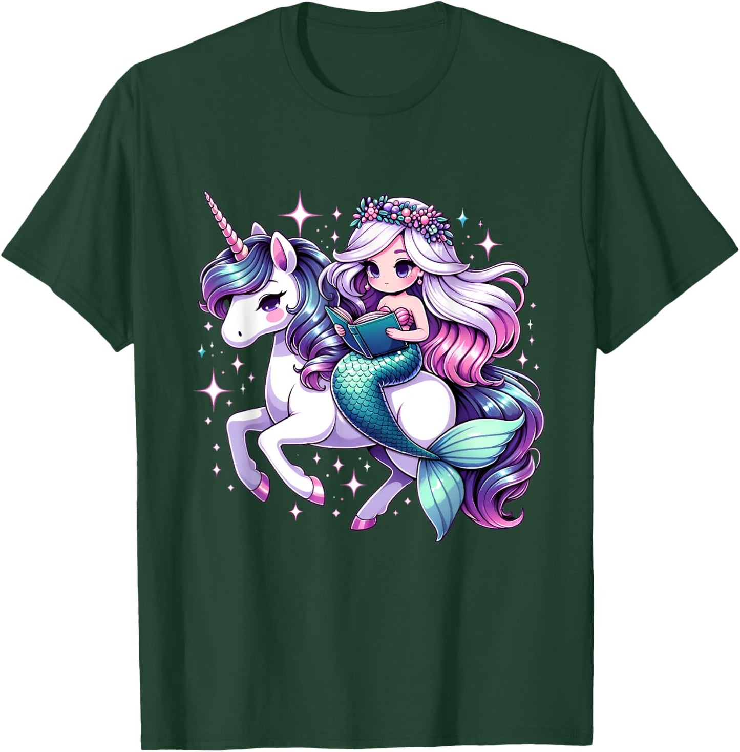 Unicorn kisses Mermaid wishes | reading books Birthday Girl T-Shirt - T-Shirt | Forest