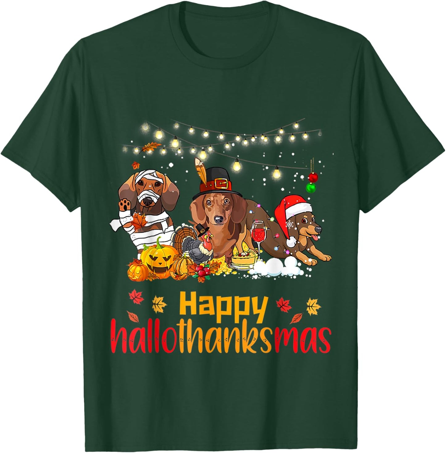 Halloween Christmas Happy Hallothanksmas Dachshund Dog Lover T-Shirt - T-Shirt | Forest
