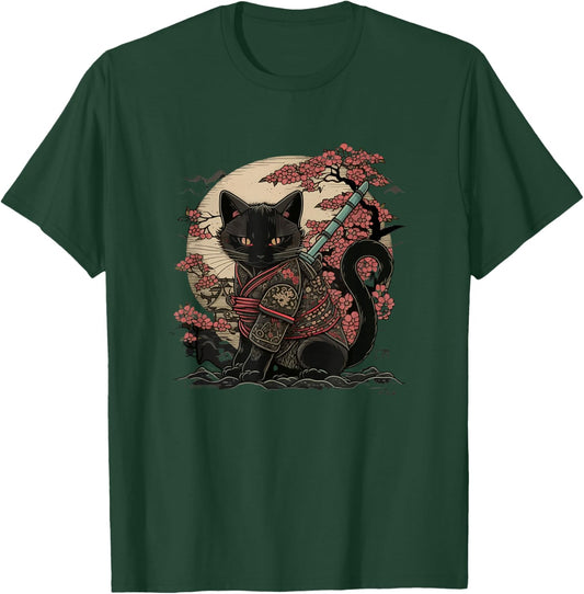 Japanese Samurai Cat Tattoo, Vintage Kawaii Ninja T-Shirt - T-Shirt | Forest