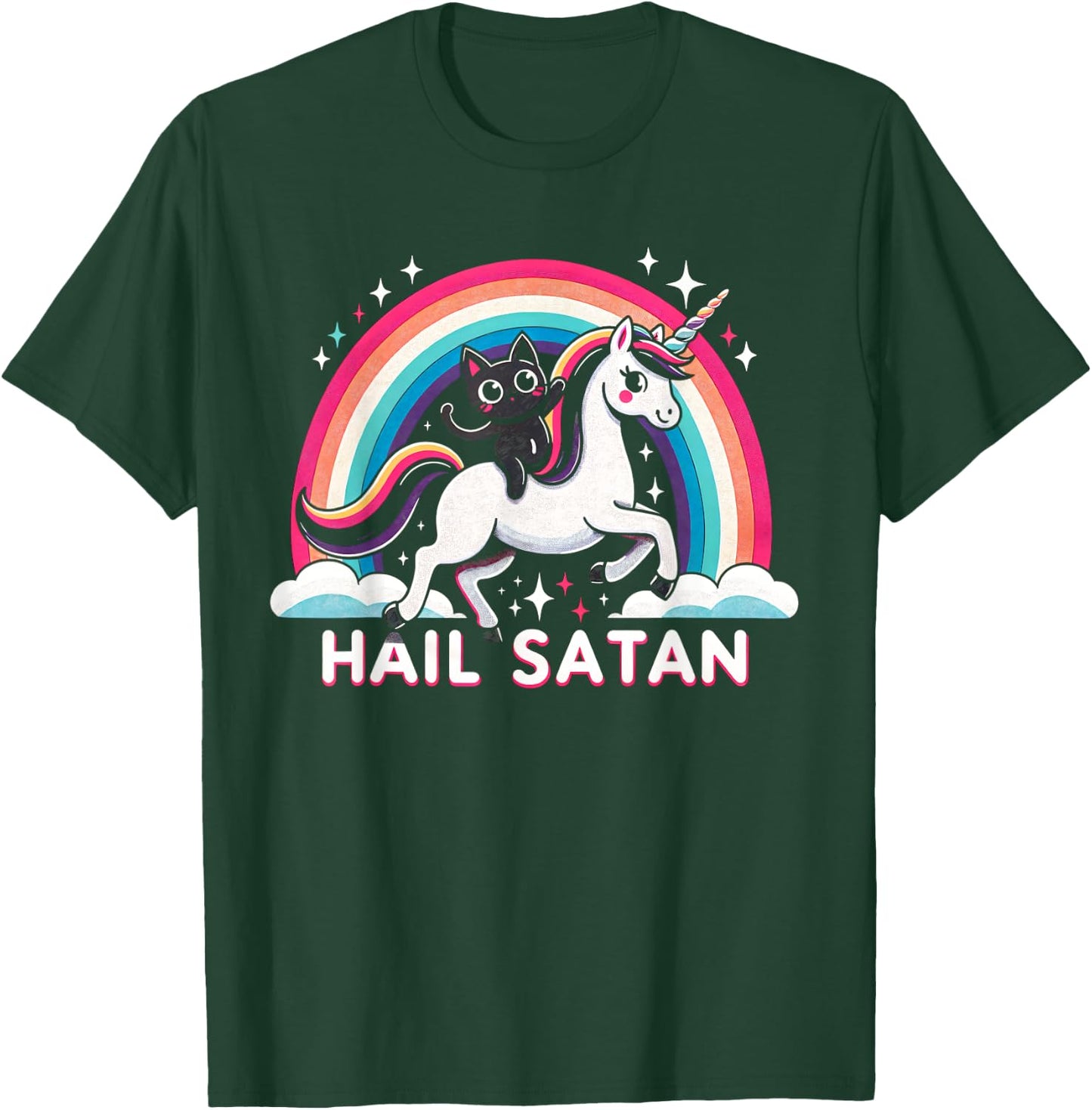 Cute Satanic Cat Riding A Unicorn Over A Rainbow Hail Satan Men Women Kids T-Shirt - T-Shirt | Forest