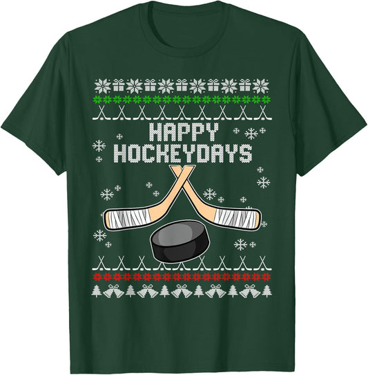 Happy Hockeydays Ugly Christmas Pajama Cool Hockey Pun X-Mas T-Shirt - T-Shirt | Forest