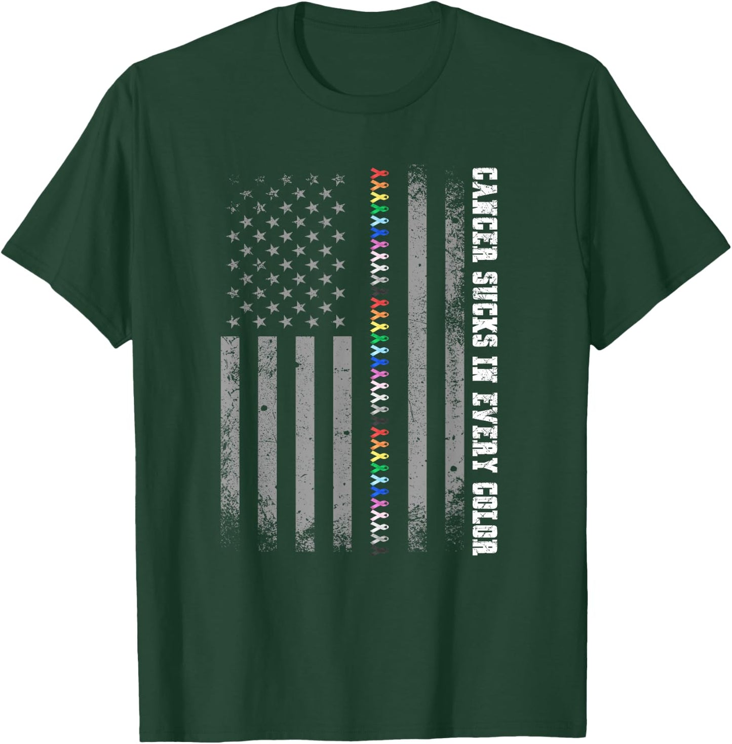 Cancer Sucks In Every Color Fighter American Flag Ribbons T-Shirt - T-Shirt | Forest