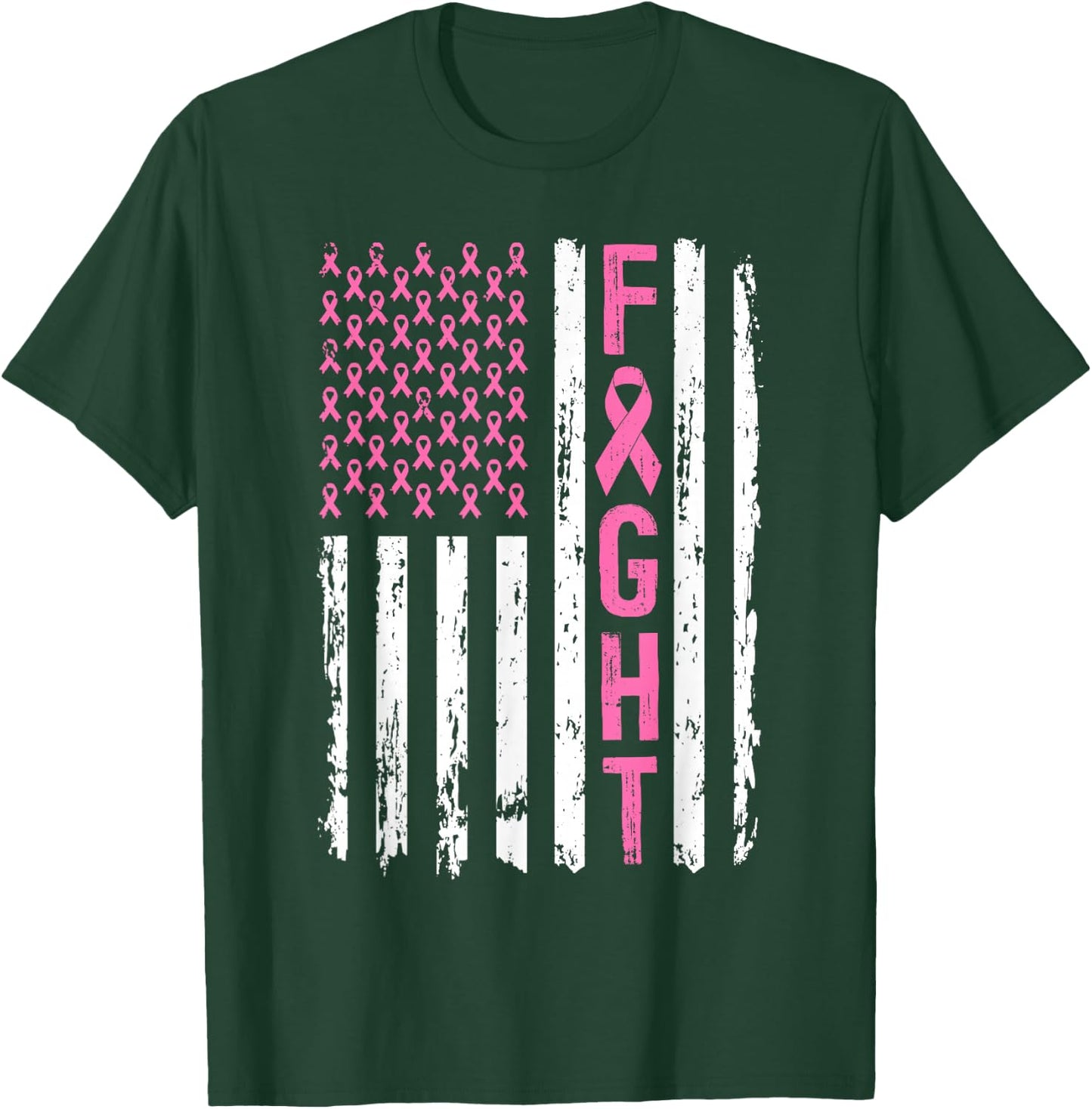 Fight Breast Survivor American Flag Breast Cancer Awarenes T-Shirt - T-Shirt | Forest