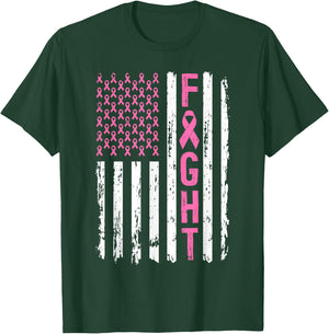 Fight Breast Survivor American Flag Breast Cancer Awarenes T-Shirt - T-Shirt | Forest