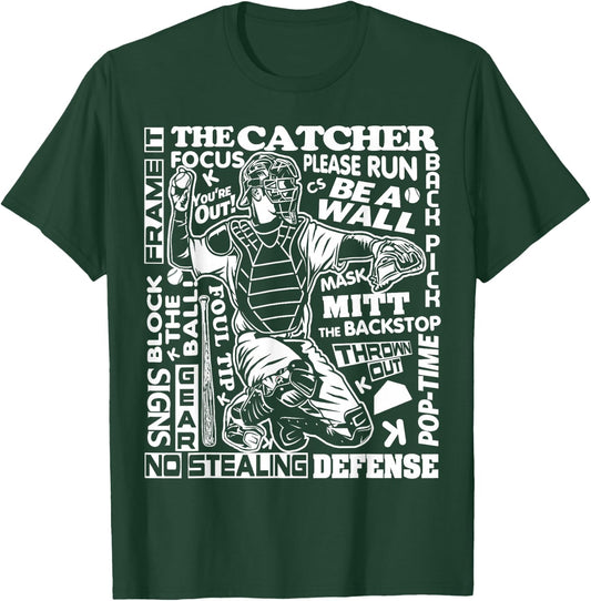 Baseball Softball Catcher Word Art Sayings Catcher Gifts T-Shirt - T-Shirt | Forest