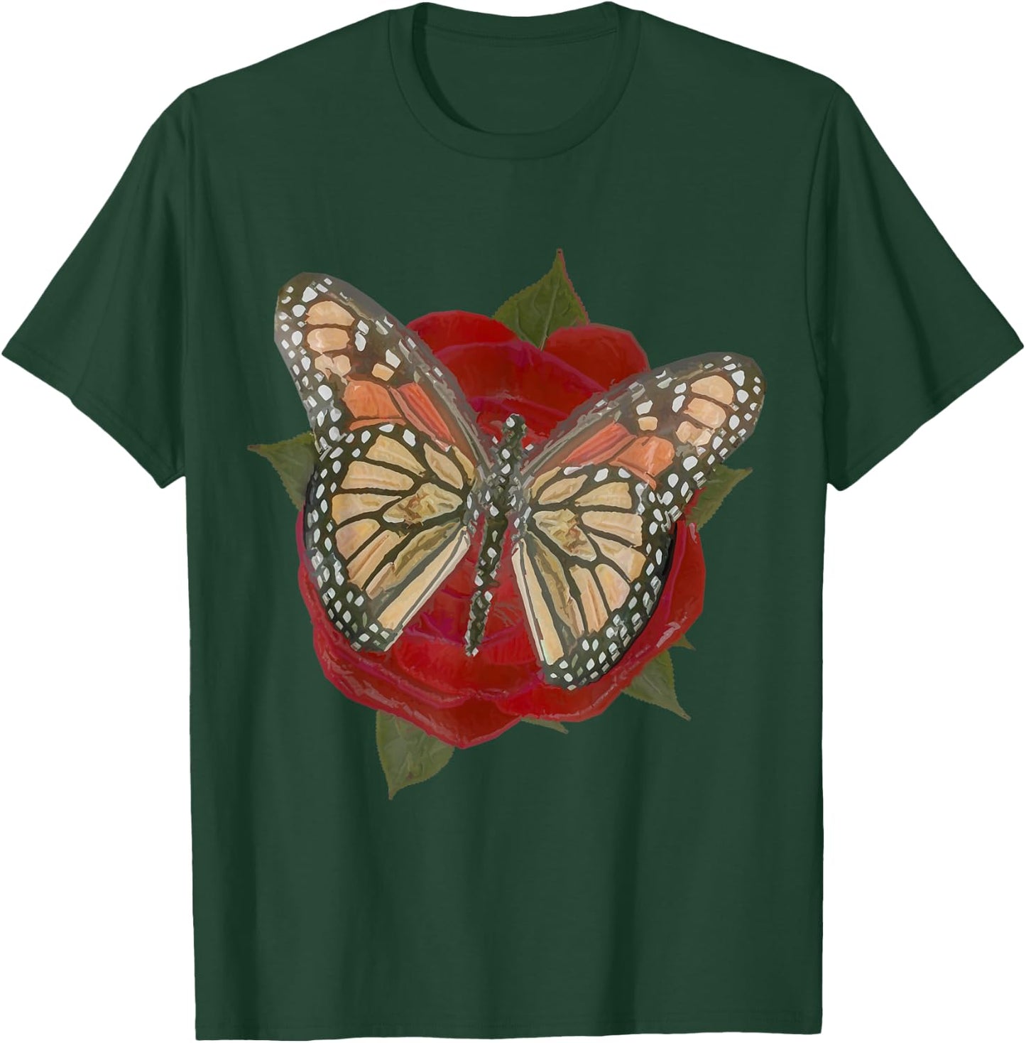 Rose Red Flower Orange Black Monarch Butterfly Graphic Print T-Shirt - T-Shirt | Forest