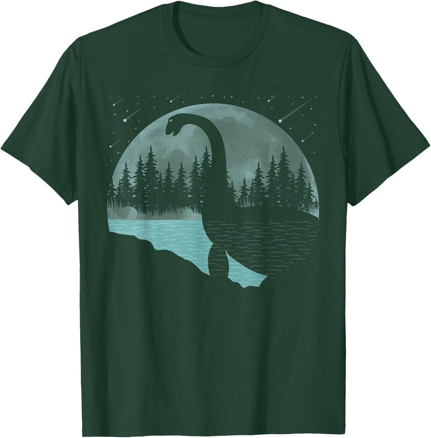 Loch Ness Monster Graphic Full Moon Trees And Stars! Nessie T-Shirt - T-Shirt | Forest